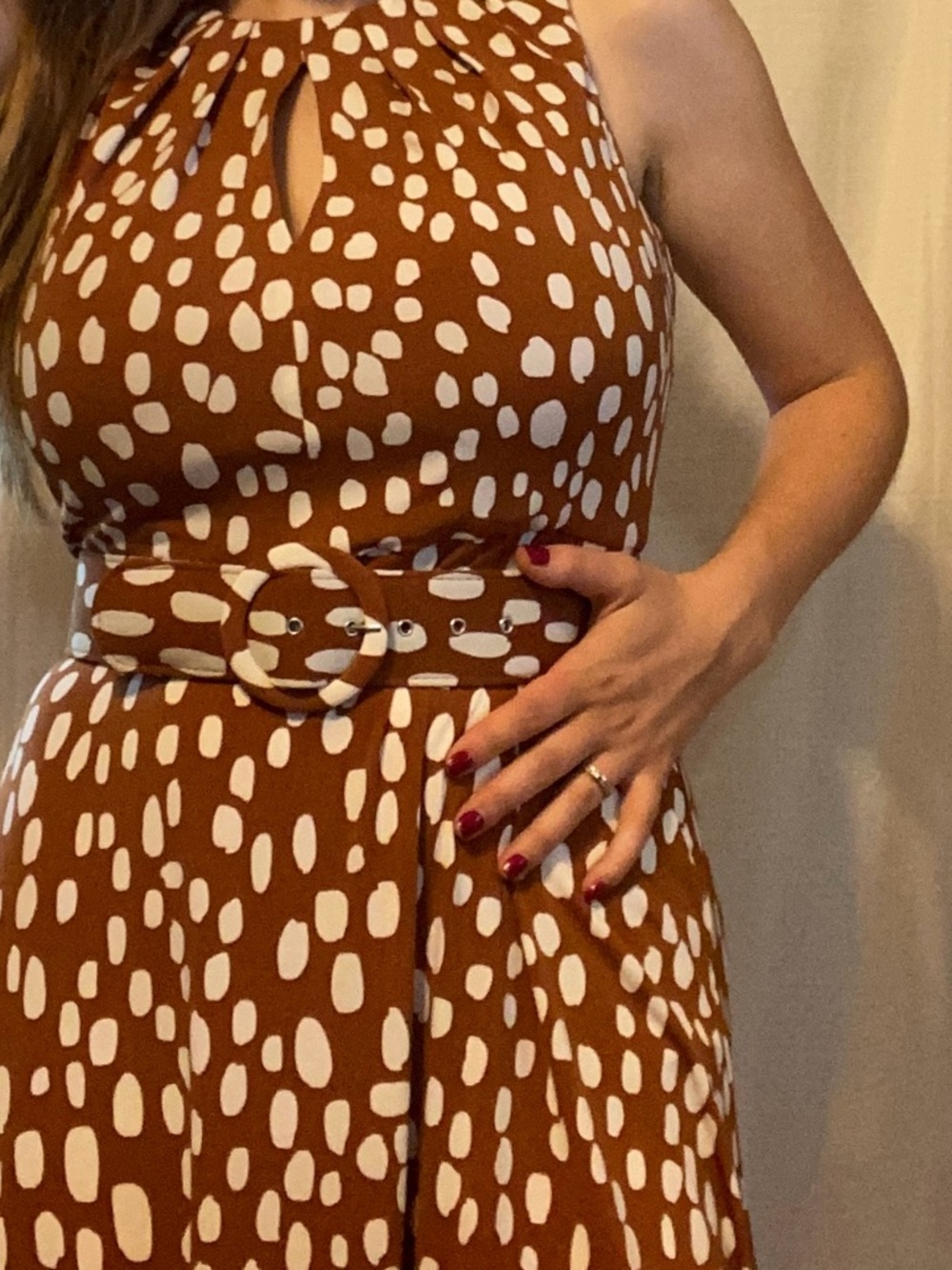 Orange Dot Jersey Keyhole Belted Midi Dress Soft Girl by London Times